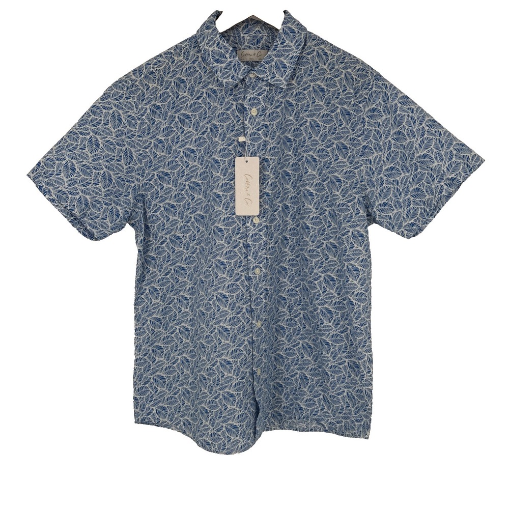 Cotton & Co Men Tropical Print Shirt Large Blue All Over Leaf Print Beach Resort